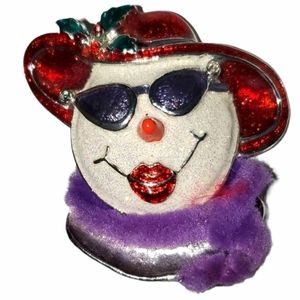 SNOW WOMAN Christmas Brooch White Glitter Face Purple Scarf Red Hat Society